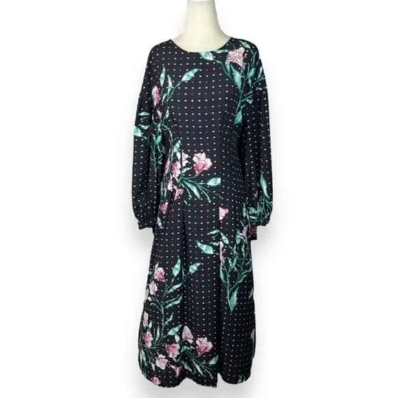 H&M Floral Print Tie Long Sleeve Midi Dress - Picture 1 of 12